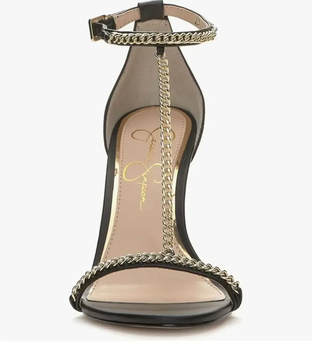 Jessica Simpson Qiven Chain T-Strap Dress Sandals,Black/Gold,9.5 - Picture 3 of 16